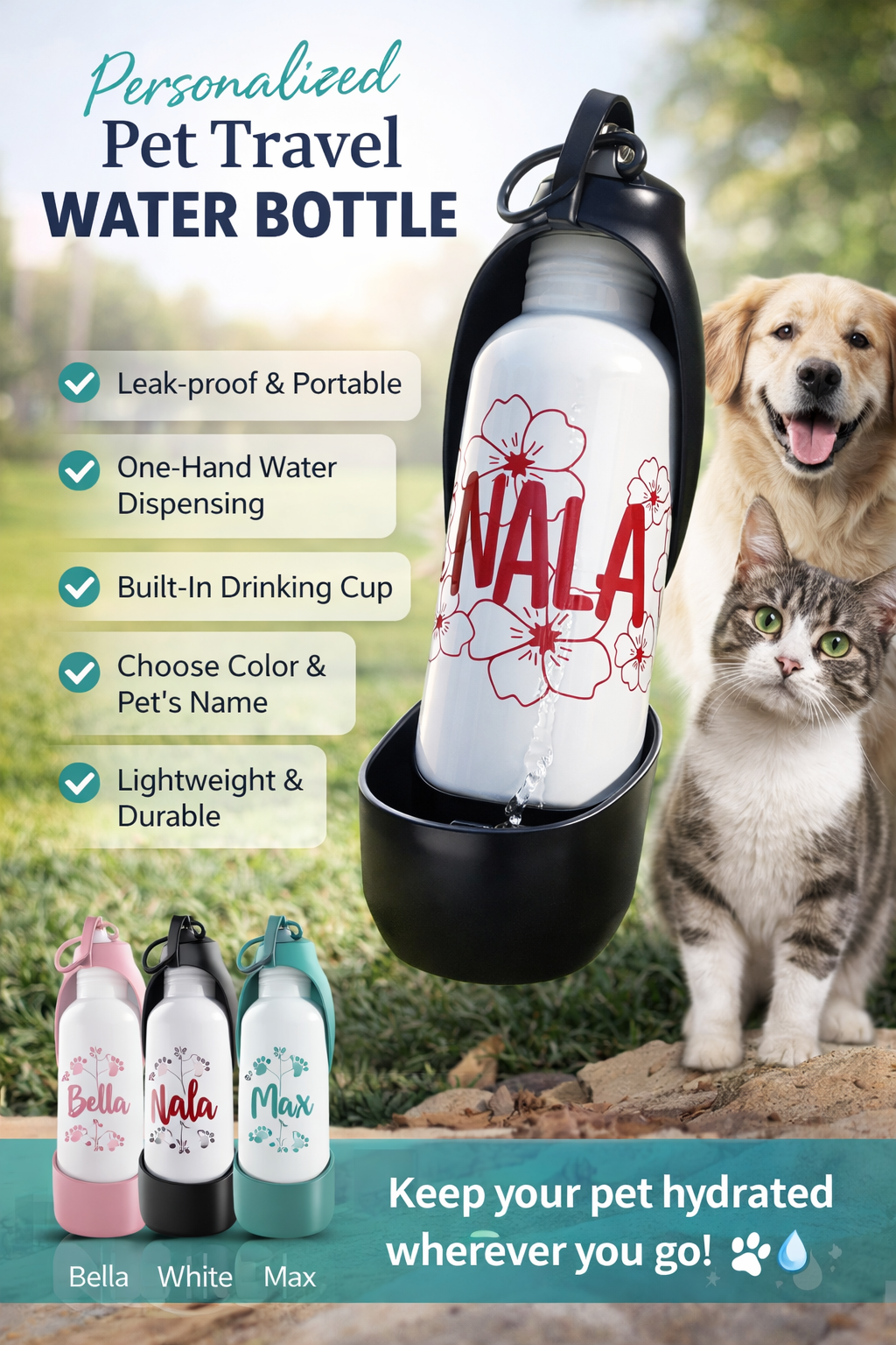 Personalized Pet Name Travel Water Bottle - Custom Insulated Drinkware